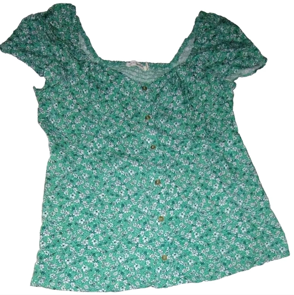 Spring Summer Casual Floral Shirt Blouse XL Button Up Smocked Wide Shoulder NEW